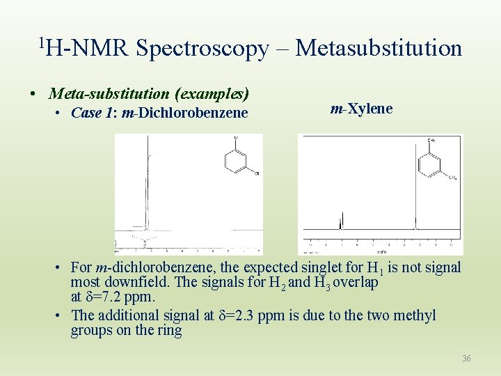 1 H-NMR Spectroscopy – Metasubstitution • Meta-substitution (examples) • Case 1: m-Dichlorobenzene m-Xylene H