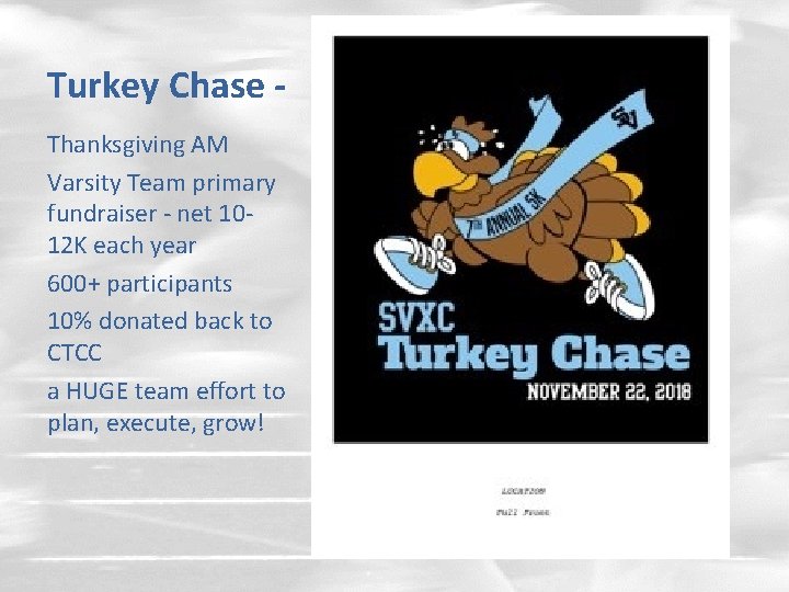 Turkey Chase Thanksgiving AM Varsity Team primary fundraiser - net 1012 K each year