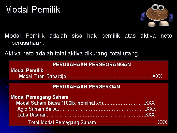 Modal Pemilik adalah sisa hak pemilik atas aktiva neto perusahaan. Aktiva neto adalah total