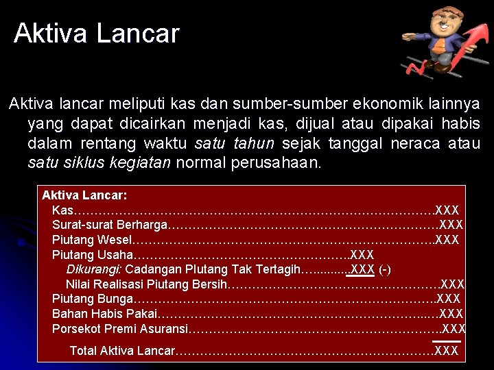 Aktiva Lancar Aktiva lancar meliputi kas dan sumber-sumber ekonomik lainnya yang dapat dicairkan menjadi