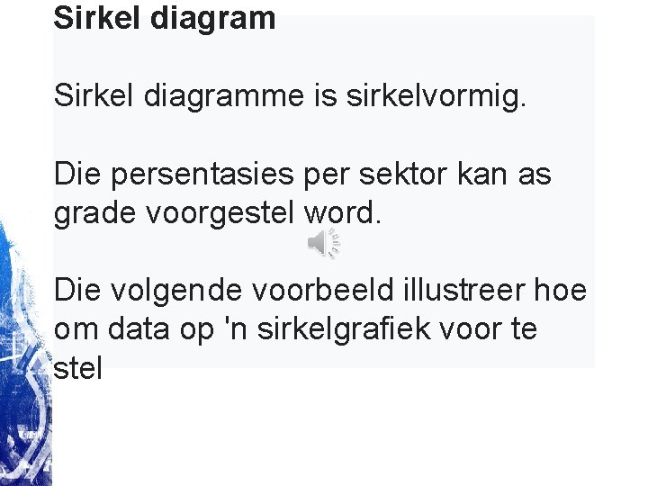 Sirkel diagramme is sirkelvormig. Die persentasies per sektor kan as grade voorgestel word. Die Sirkel diagramme is sirkelvormig. Die persentasies per sektor kan as grade voorgestel word. Die
