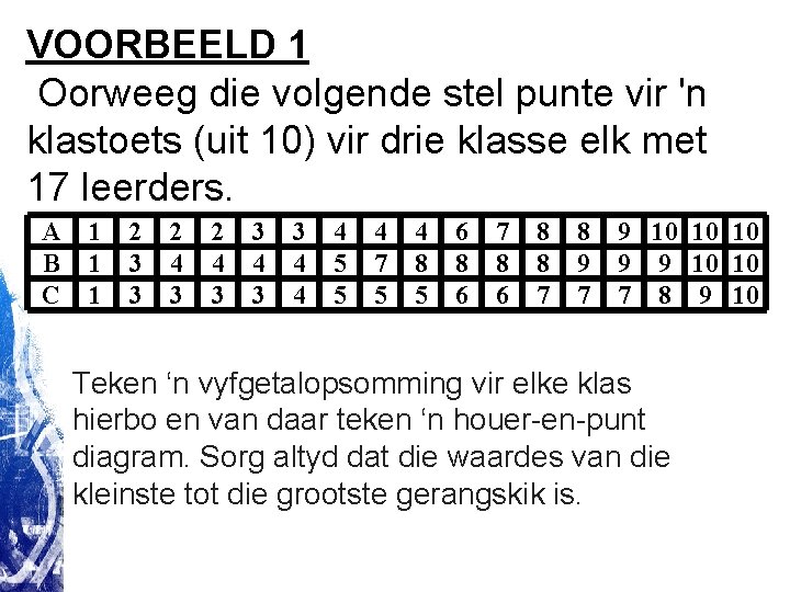 VOORBEELD 1 Oorweeg die volgende stel punte vir 'n klastoets (uit 10) vir drie VOORBEELD 1 Oorweeg die volgende stel punte vir 'n klastoets (uit 10) vir drie