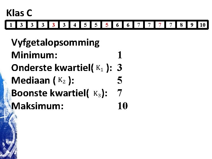 Klas C 1 3 3 3 4 5 5 5 Vyfgetalopsomming Minimum: Onderste kwartiel( Klas C 1 3 3 3 4 5 5 5 Vyfgetalopsomming Minimum: Onderste kwartiel(