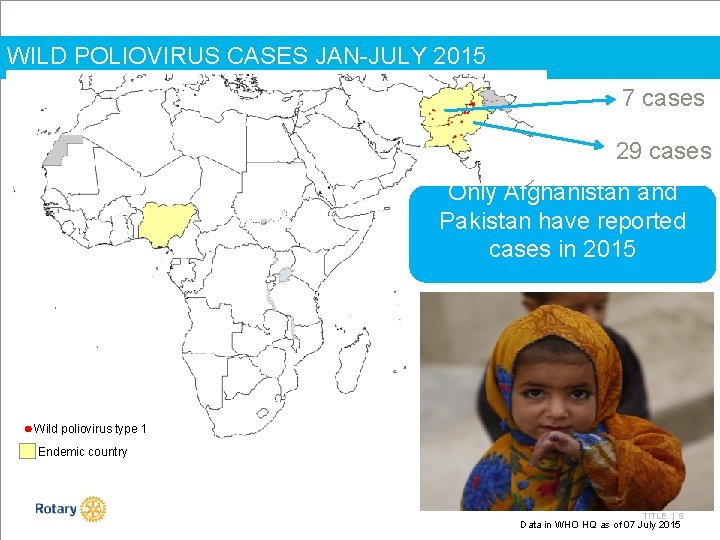 WILD POLIOVIRUS CASES JAN-JULY 2015 7 cases 29 cases Only Afghanistan and Pakistan have