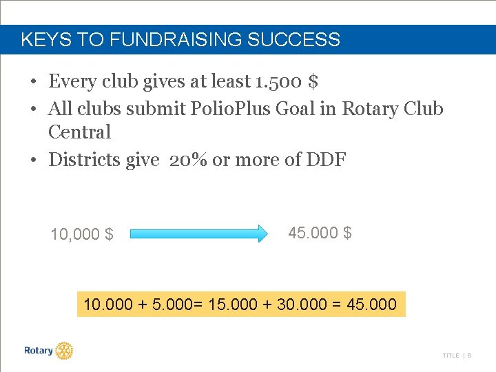 KEYS TO FUNDRAISING SUCCESS • Every club gives at least 1. 500 $ •