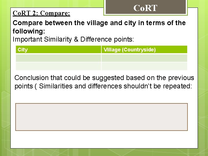 Co. RT 2: Compare between the village and city in terms of the following: Co. RT 2: Compare between the village and city in terms of the following: