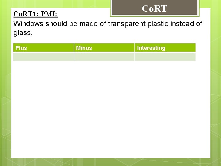 Co. RT 1: PMI: Windows should be made of transparent plastic instead of glass. Co. RT 1: PMI: Windows should be made of transparent plastic instead of glass.