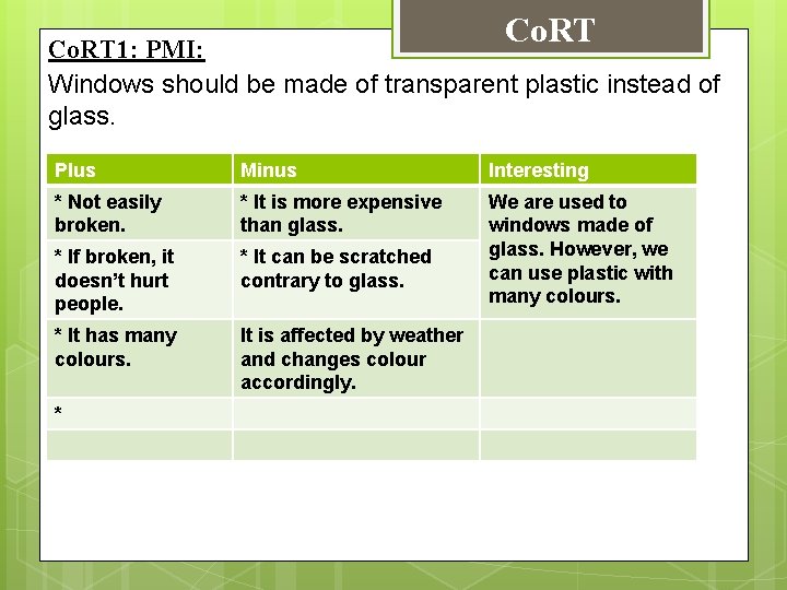 Co. RT 1: PMI: Windows should be made of transparent plastic instead of glass.