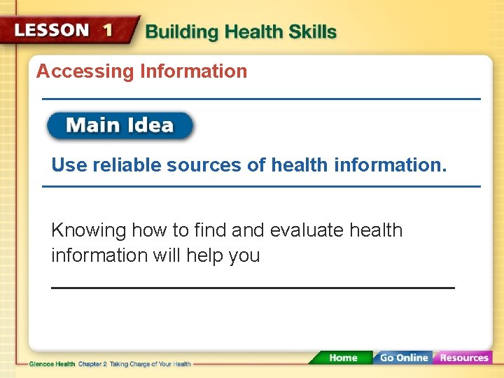 Accessing Information Use reliable sources of health information. Knowing how to find and evaluate