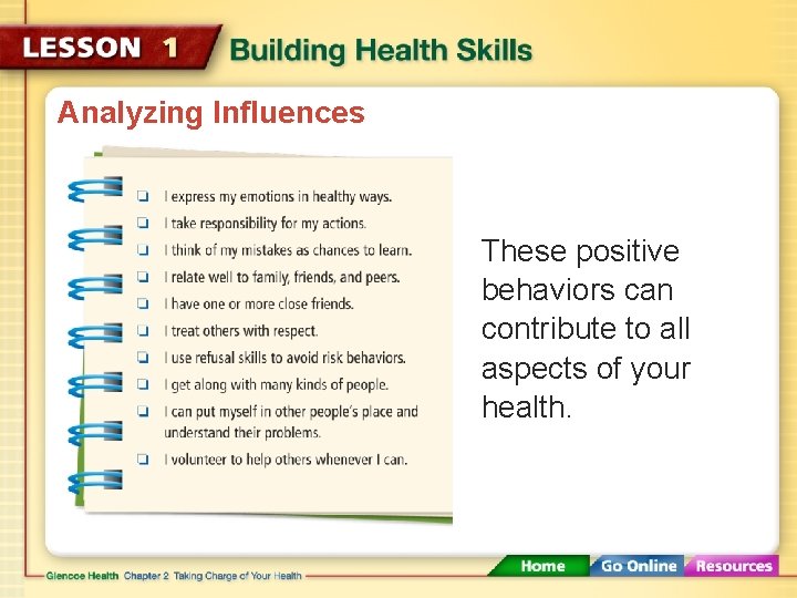 Analyzing Influences These positive behaviors can contribute to all aspects of your health. 