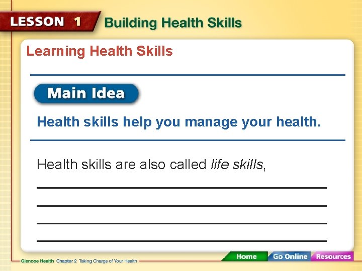 Learning Health Skills Health skills help you manage your health. Health skills are also