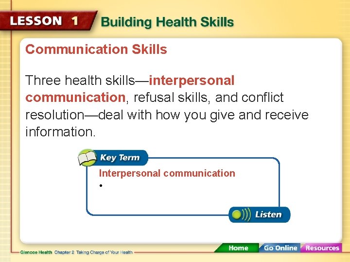 Communication Skills Three health skills—interpersonal communication, refusal skills, and conflict resolution—deal with how you