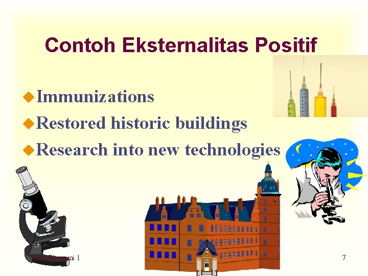 Contoh Eksternalitas Positif u. Immunizations u. Restored historic buildings u. Research into new technologies