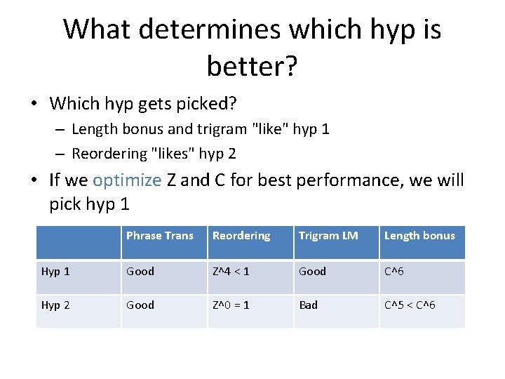 What determines which hyp is better? • Which hyp gets picked? – Length bonus