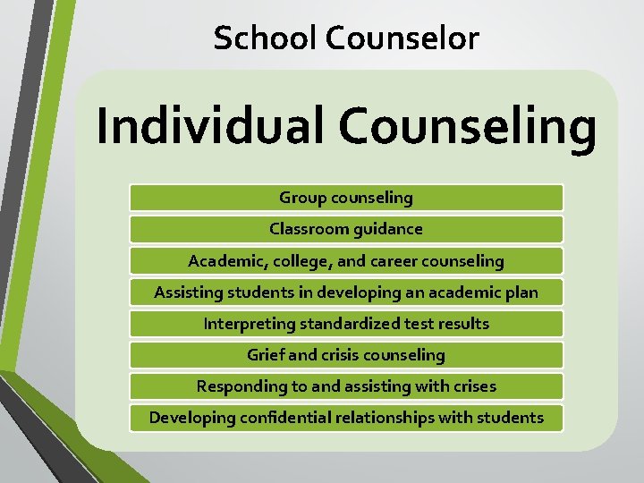 School Counselor Individual Counseling Group counseling Classroom guidance Academic, college, and career counseling Assisting School Counselor Individual Counseling Group counseling Classroom guidance Academic, college, and career counseling Assisting