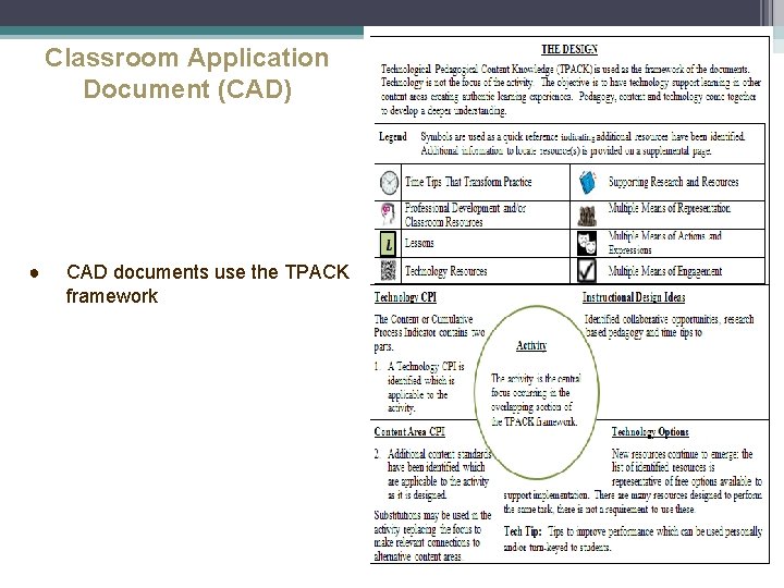 Classroom Application Document (CAD) ● CAD documents use the TPACK framework 