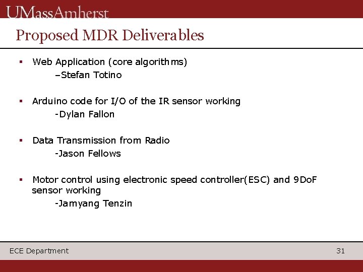 Proposed MDR Deliverables Web Application (core algorithms) –Stefan Totino Arduino code for I/O of Proposed MDR Deliverables Web Application (core algorithms) –Stefan Totino Arduino code for I/O of