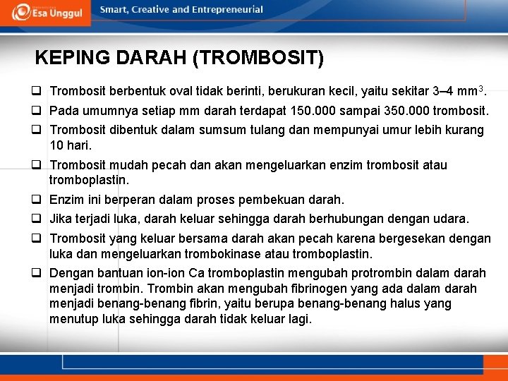 KEPING DARAH (TROMBOSIT) q Trombosit berbentuk oval tidak berinti, berukuran kecil, yaitu sekitar 3–