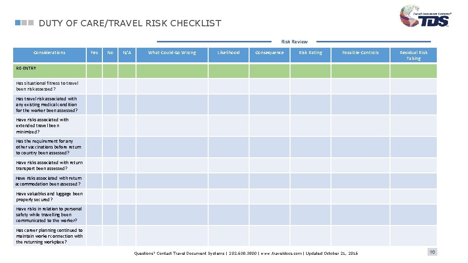 DUTY OF CARE/TRAVEL RISK CHECKLIST Risk Review Considerations Yes No N/A What Could Go