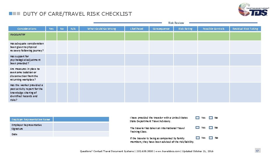 DUTY OF CARE/TRAVEL RISK CHECKLIST Risk Review Considerations Yes No N/A What Could Go