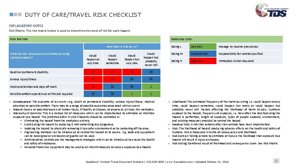 DUTY OF CARE/TRAVEL RISK CHECKLIST EXPLANATORY NOTES Risk Matrix: The risk matrix below is