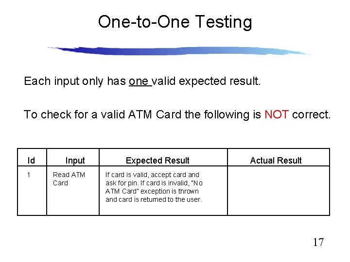 One-to-One Testing Each input only has one valid expected result. To check for a
