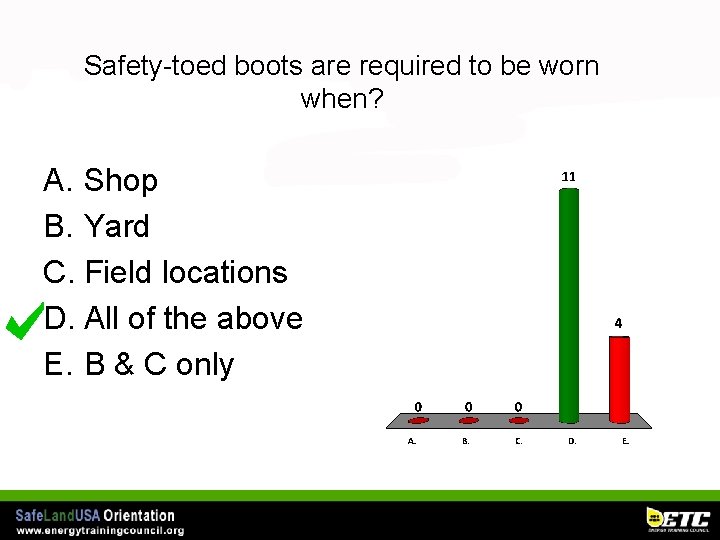 Safety-toed boots are required to be worn when? A. Shop B. Yard C. Field