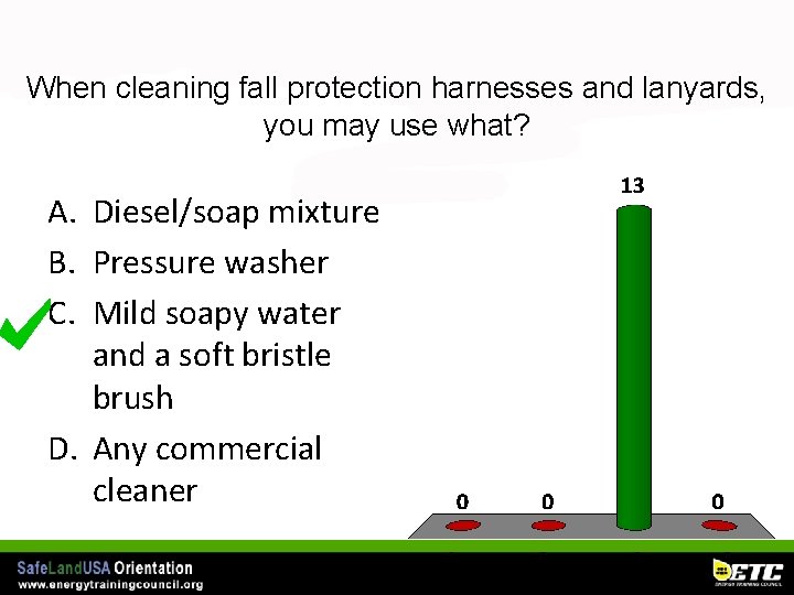 When cleaning fall protection harnesses and lanyards, you may use what? A. Diesel/soap mixture