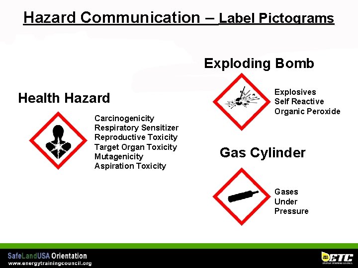 Hazard Communication – Label Pictograms Exploding Bomb Health Hazard Carcinogenicity Respiratory Sensitizer Reproductive Toxicity