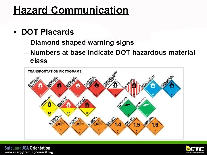 Hazard Communication • DOT Placards – Diamond shaped warning signs – Numbers at base