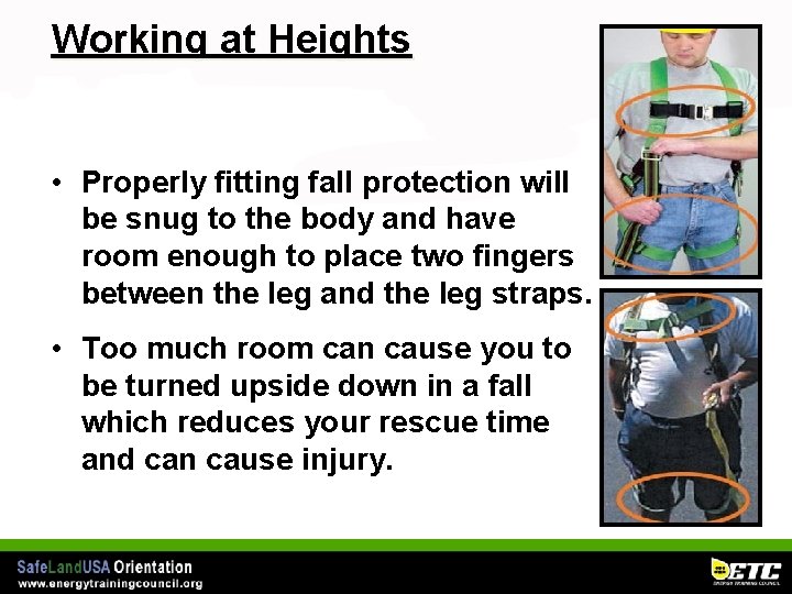 Working at Heights • Properly fitting fall protection will be snug to the body