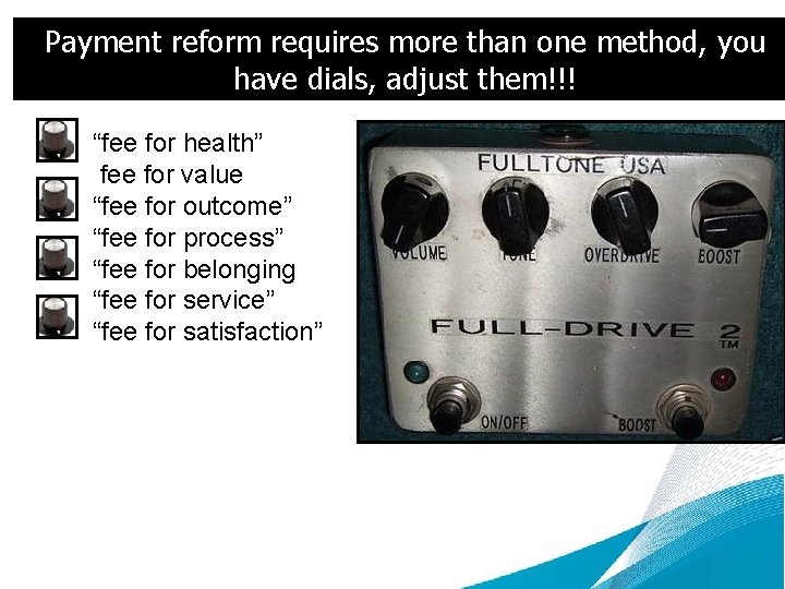 Payment reform requires more than one method, you have dials, adjust them!!! “fee for