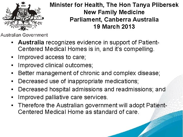 Minister for Health, The Hon Tanya Plibersek New Family Medicine Parliament, Canberra Australia 19