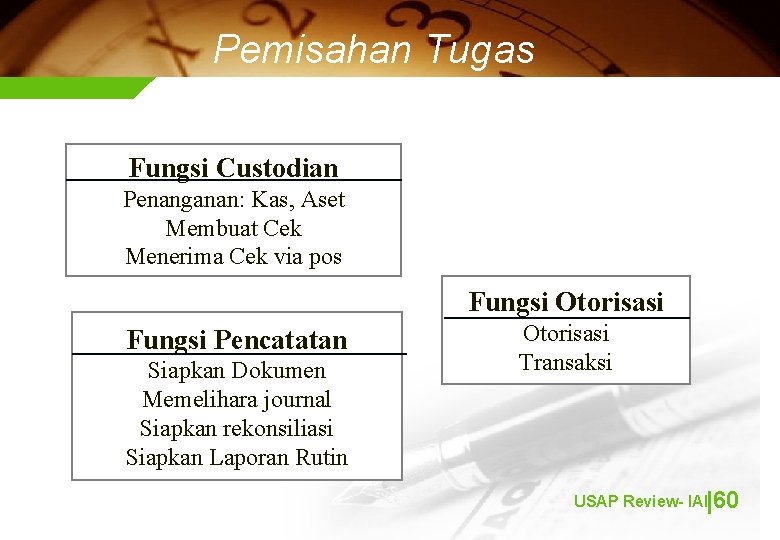 Pemisahan Tugas Fungsi Custodian Penanganan: Kas, Aset Membuat Cek Menerima Cek via pos Fungsi