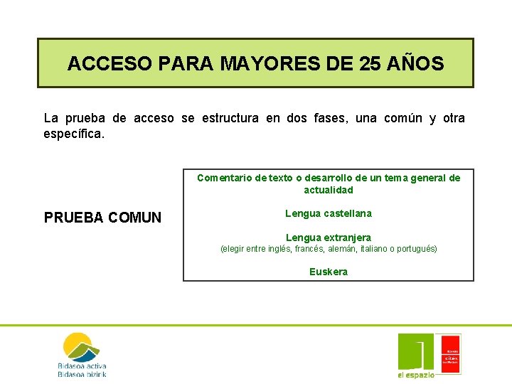 ACCESO PARA MAYORES DE 25 AÑOS La prueba de acceso se estructura en dos