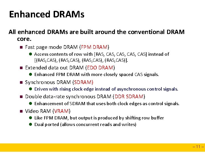 Enhanced DRAMs All enhanced DRAMs are built around the conventional DRAM core. n Fast