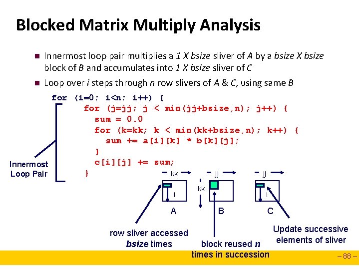 Blocked Matrix Multiply Analysis n n Innermost loop pair multiplies a 1 X bsize