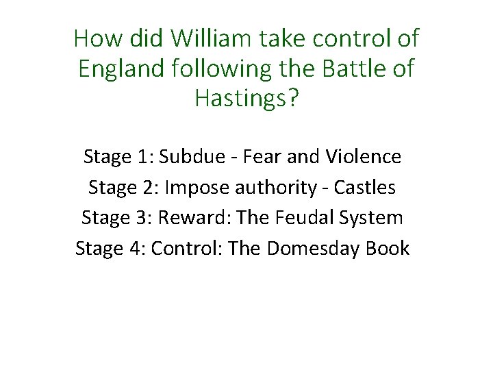 How did William take control of England following the Battle of Hastings? Stage 1: