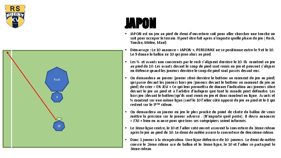 JAPON • JAPON est un jeu au pied du demi d’ouverture soit pour aller