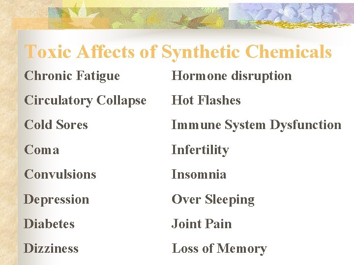 Toxic Affects of Synthetic Chemicals Chronic Fatigue Hormone disruption Circulatory Collapse Hot Flashes Cold