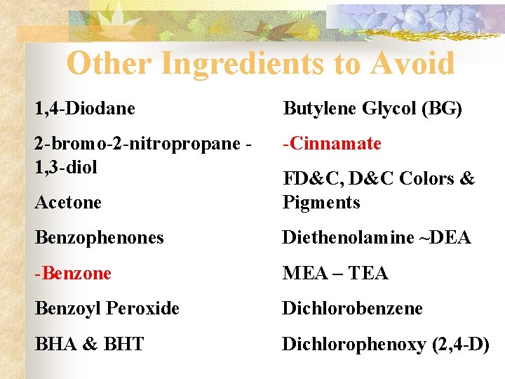 Other Ingredients to Avoid 1, 4 -Diodane Butylene Glycol (BG) 2 -bromo-2 -nitropropane 1,