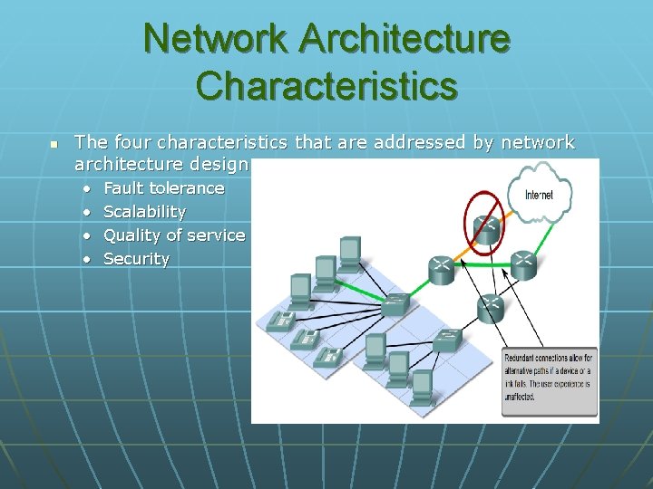 Network Architecture Characteristics n The four characteristics that are addressed by network architecture design
