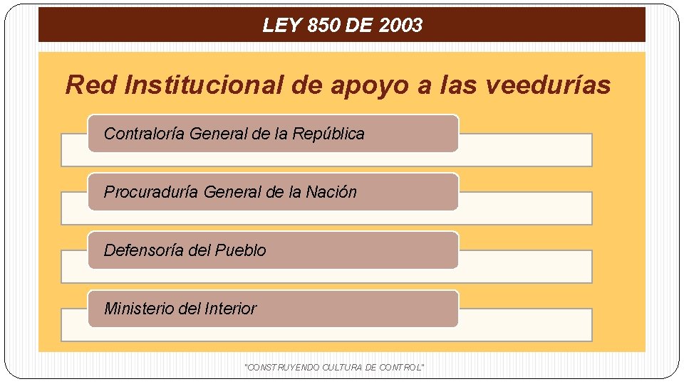 LEY 850 DE 2003 Red Institucional de apoyo a las veedurías Contraloría General de