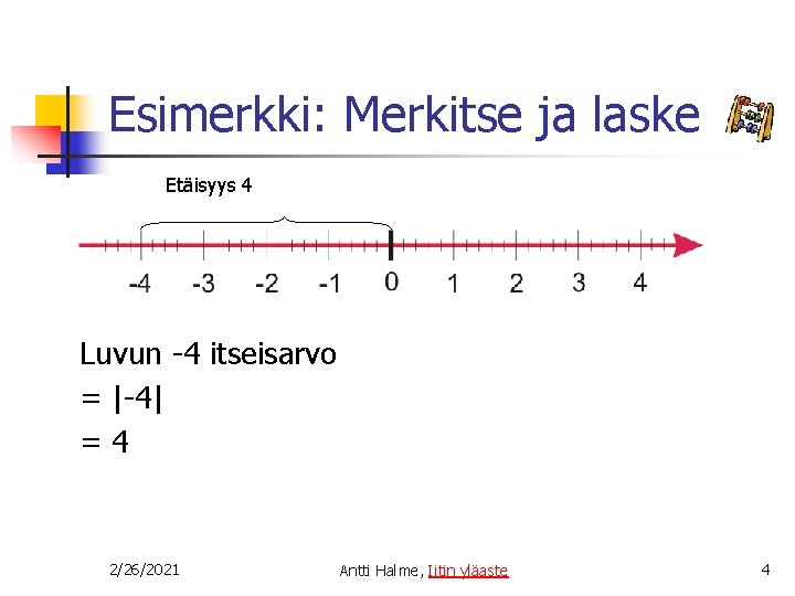 Esimerkki: Merkitse ja laske Etäisyys 4 Luvun -4 itseisarvo = |-4| =4 2/26/2021 Antti