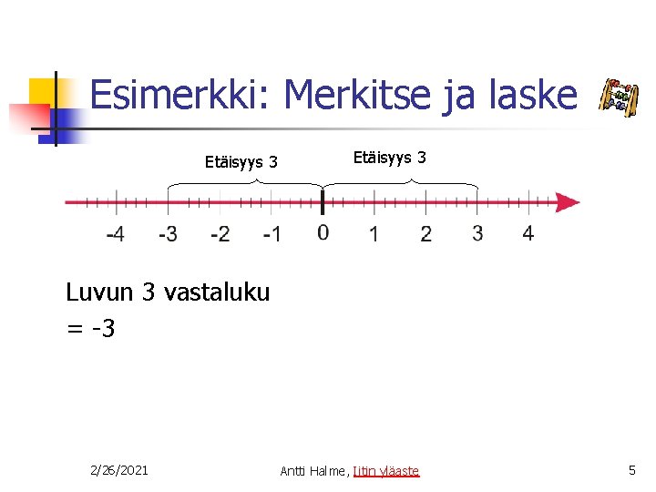 Esimerkki: Merkitse ja laske Etäisyys 3 Luvun 3 vastaluku = -3 2/26/2021 Antti Halme,