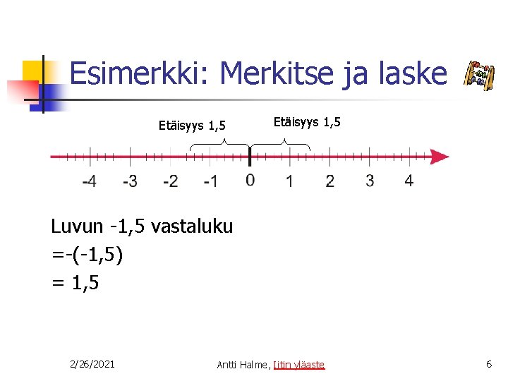 Esimerkki: Merkitse ja laske Etäisyys 1, 5 Luvun -1, 5 vastaluku =-(-1, 5) =