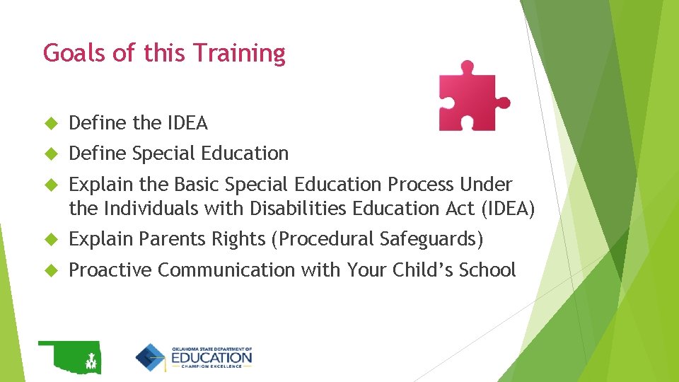 Goals of this Training Define the IDEA Define Special Education Explain the Basic Special