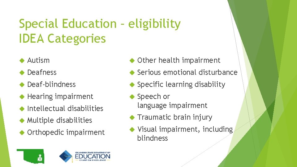 Special Education – eligibility IDEA Categories Autism Other health impairment Deafness Serious emotional disturbance