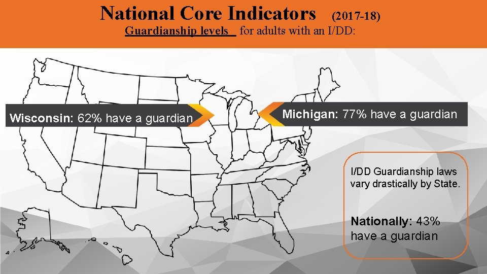 National Core Indicators (2017 -18) Guardianship levels for adults with an I/DD: Wisconsin: 62%