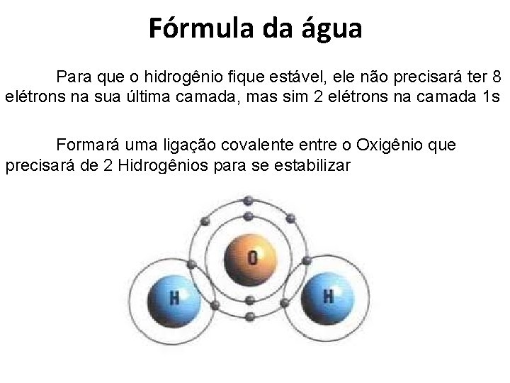 Fórmula da água Para que o hidrogênio fique estável, ele não precisará ter 8